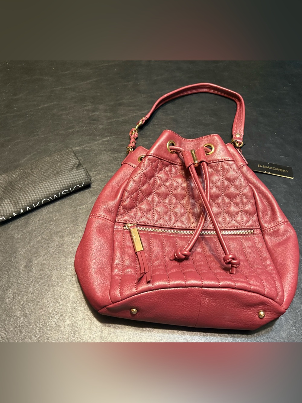 b. makowsky Red Quilted Leather Drawstring Hobo with Gold Hardware and Dust bag